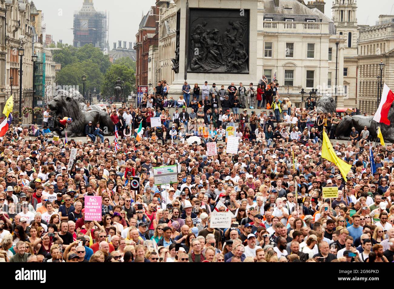 London, UK. - 24 July 2021: Thousands of protesters attend a freedom rally in Trafalgar Square, calling for an end to mask wearing, vaccine passports and further lockdowns. Stock Photo