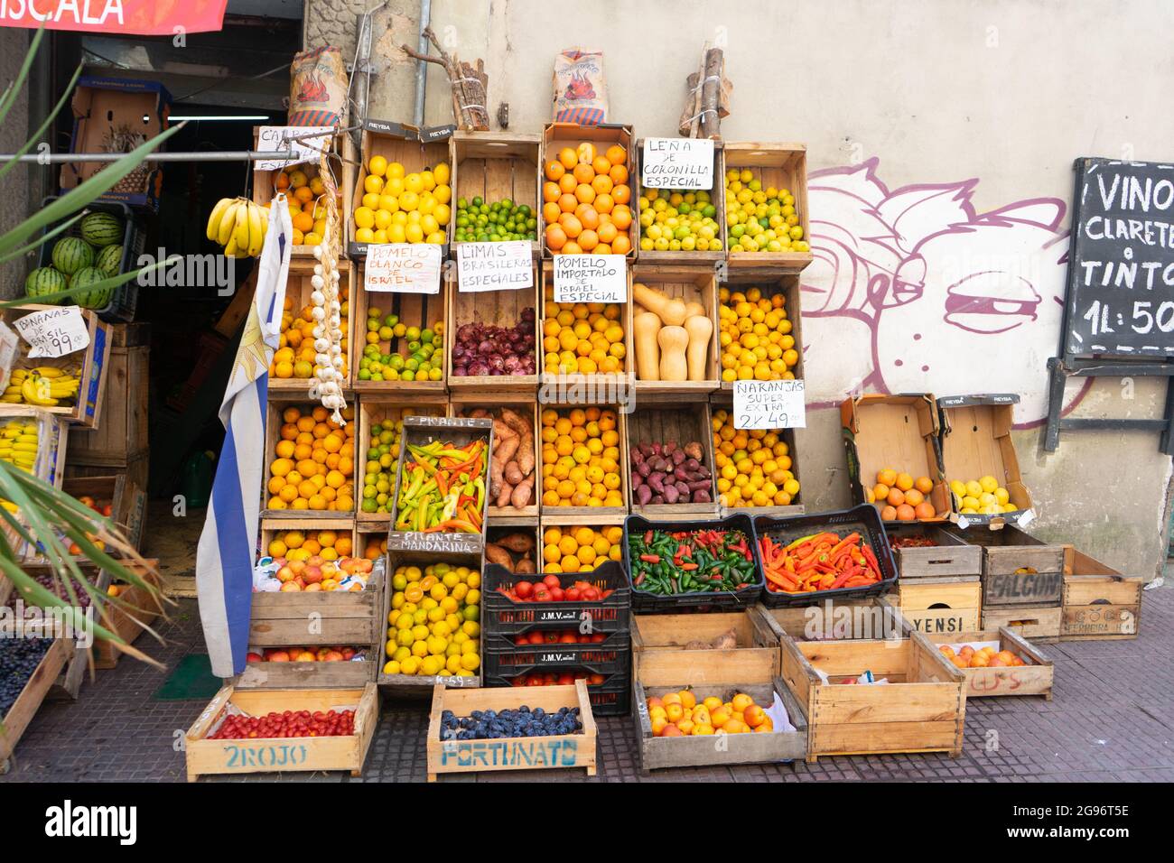 Street Market Selling Fruits, Vegetable and Produce. Montevideo, Uruguay Stock Photo