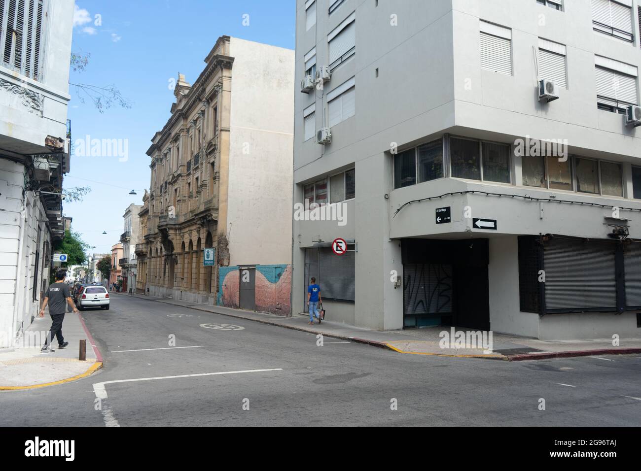 Street view with typical historic buildings and buildings in the Ciudad Vieja neighborhood, Montevideo, Uruguay Stock Photo