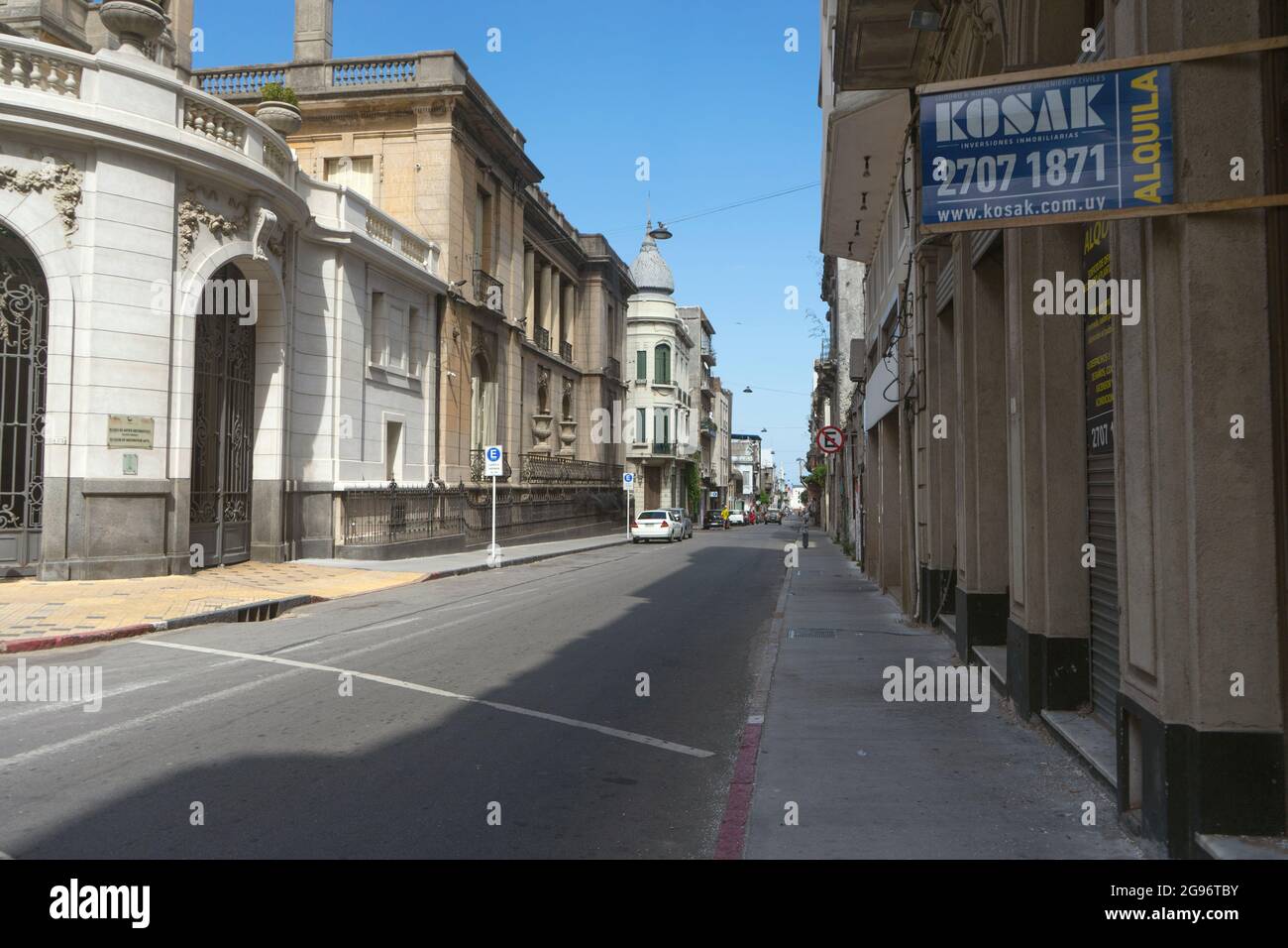 Street view with typical historic buildings and buildings in the Ciudad Vieja neighborhood, Montevideo, Uruguay Stock Photo