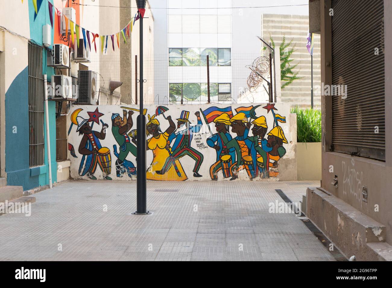 Panel painted by Carlos Vilaró depicting Candombe. Ciudad Vieja, Montevideo, Uruguay Stock Photo