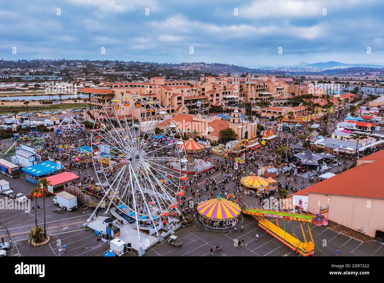 Drone shot of large ferries wheel at Del Mar Fairgrounds Stock Photo
