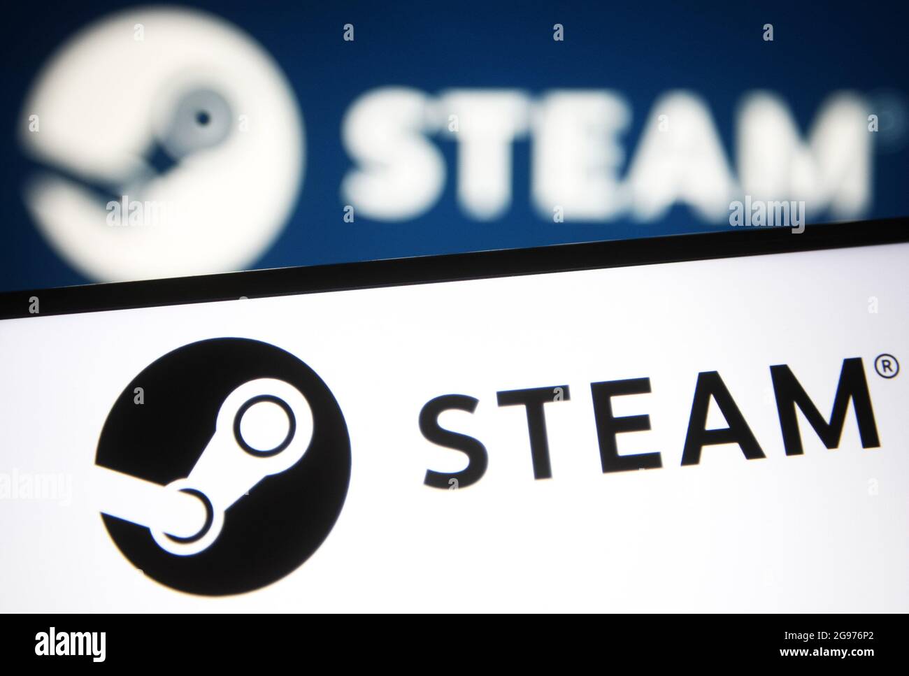 In this photo illustration a Steam logo of a video game digital