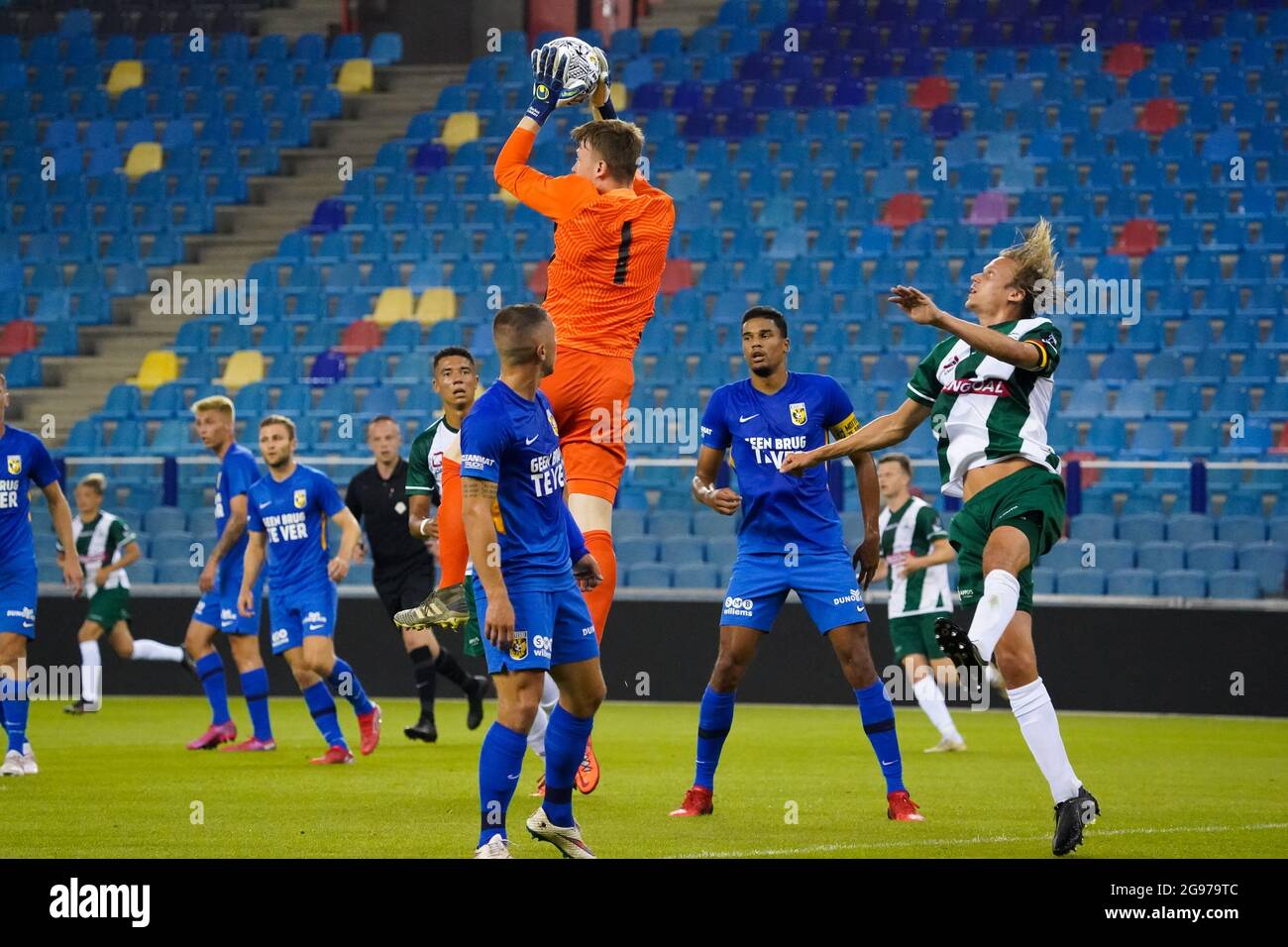 ARNHEM, NETHERLANDS - JULY 24: Markus Schubert of Vitesse and Glenn Neven of Lommel SK during the Pre-season Friendly match between Vitesse and Lommel SK at Gelredome on July 24, 2021 in Arnhem, Netherlands (Photo by Rene Nijhuis/Orange Pictures) Stock Photo