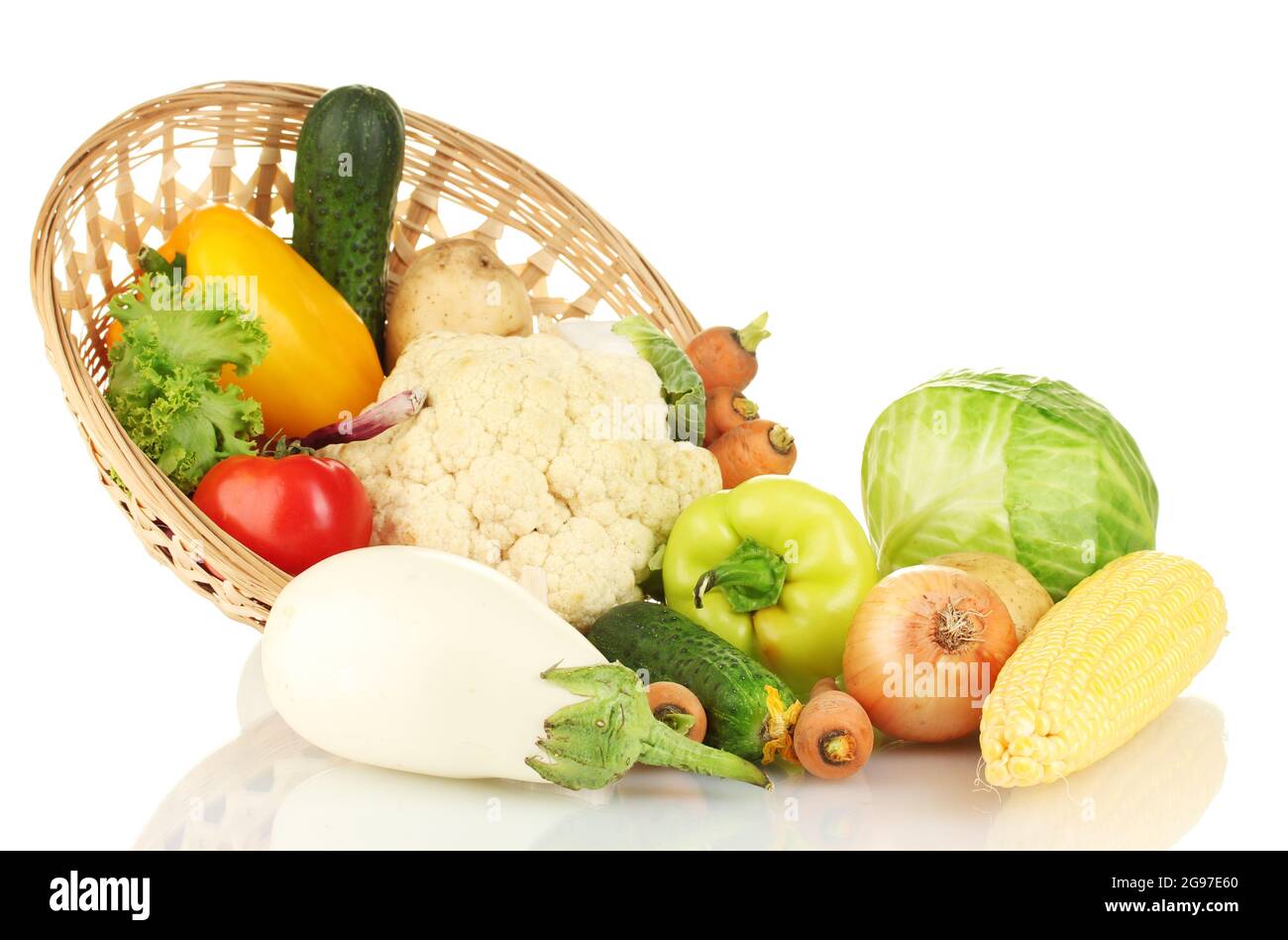 Fresh vegetables in wicker basket isolated on white Stock Photo - Alamy