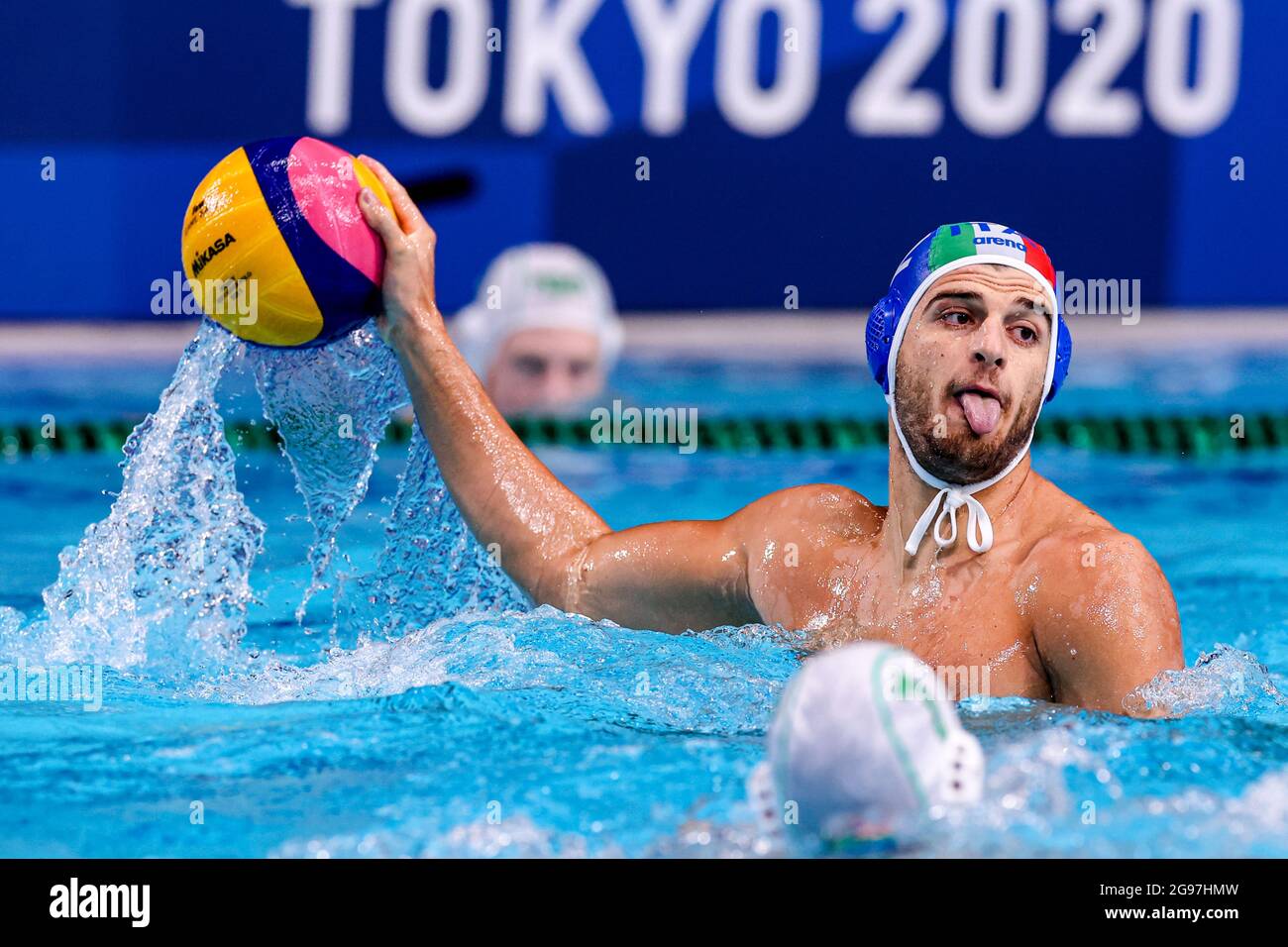 TOKYO, JAPAN - JULY 25: Vincenzo Dolce of Italy during the Tokyo 2020  Olympic Waterpolo Tournament Men match between Team South Africa and Team  Italy at Tatsumi Waterpolo Centre on July 25,