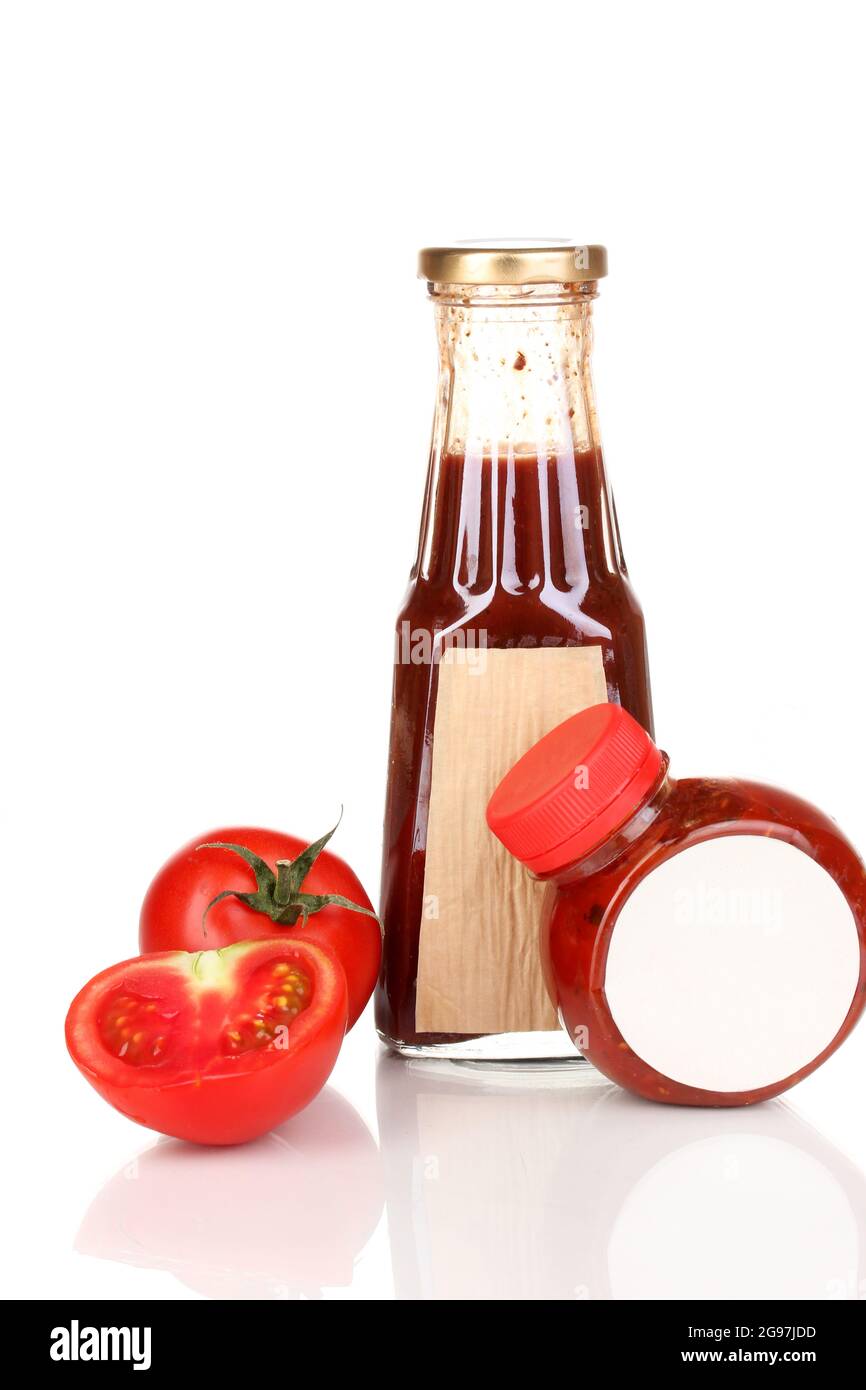 Tomato sauce in bottles isolated on white Stock Photo Alamy