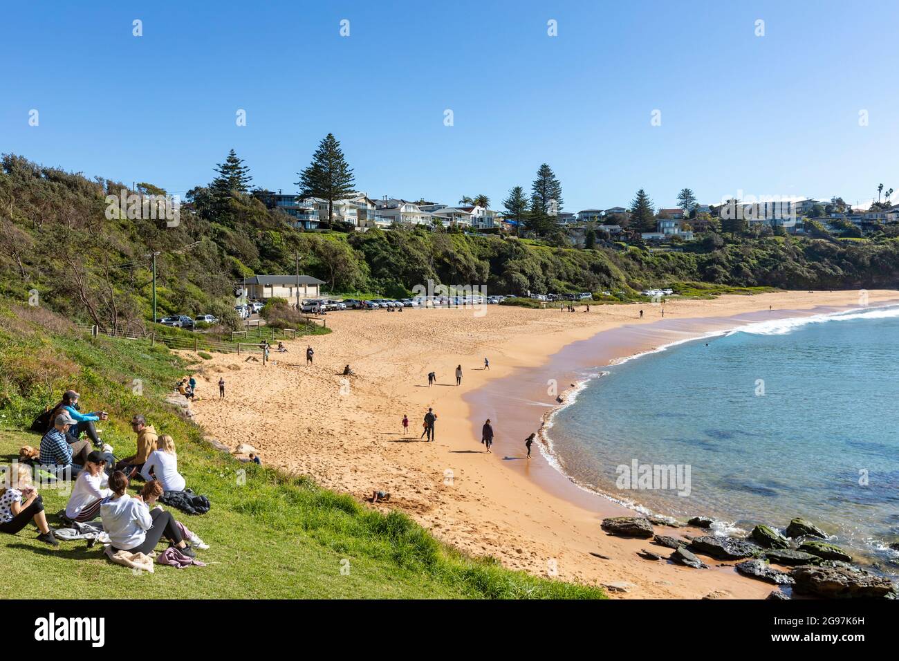 Warriewood Beach Sydney, blue sky winters day in Warriewood,NSW,Australia one of Sydney northern beaches Stock Photo