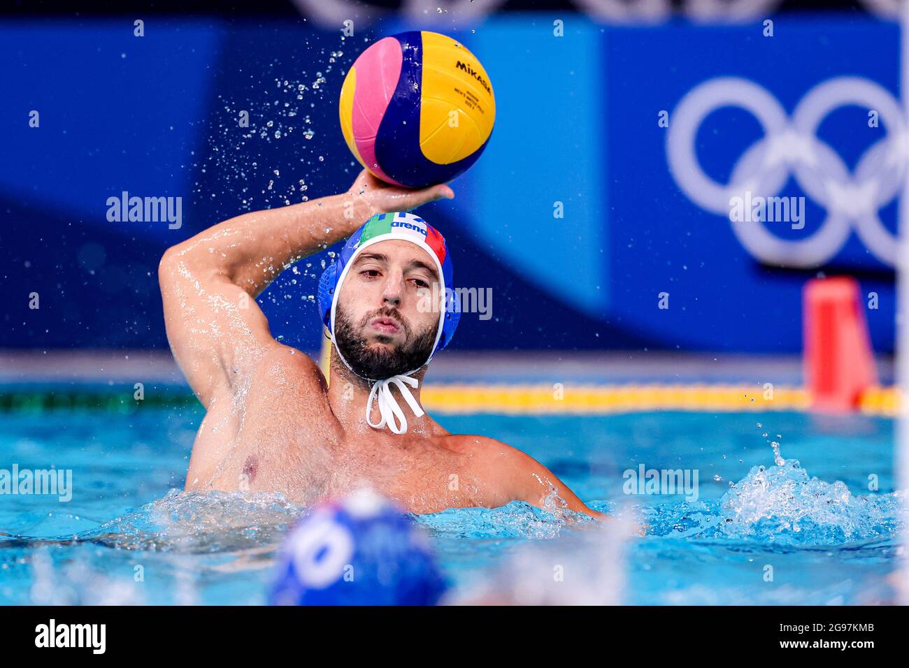 TOKYO, JAPAN - JULY 25: Stefano Luongo of Italy during the Tokyo 2020  Olympic Waterpolo Tournament Men match between Team South Africa and Team  Italy at Tatsumi Waterpolo Centre on July 25,