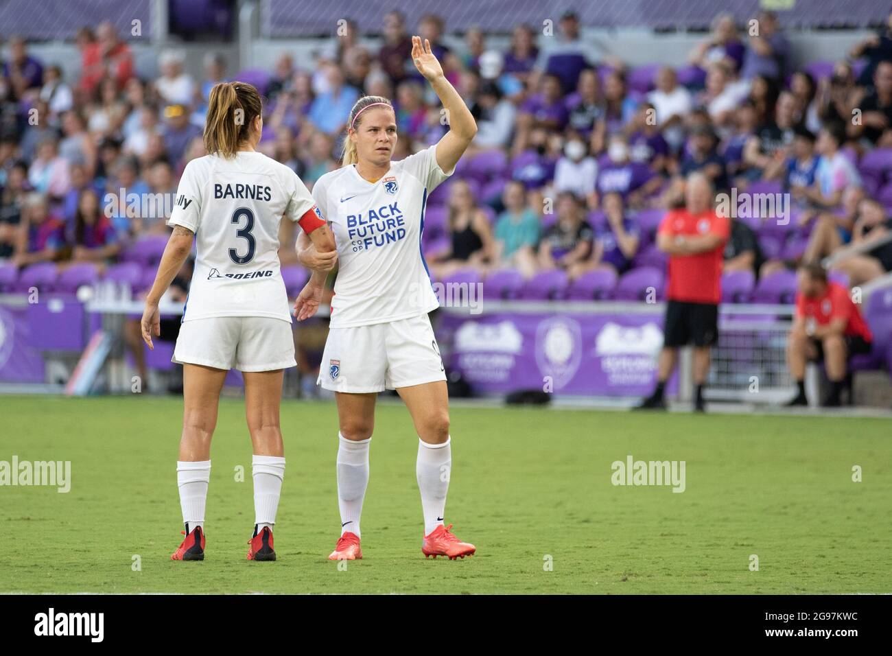 Orlando United States 25th July 21 Eugenie Le Sommer 9 Ol Reign And Lauren Barnes 3 Ol Reign Set Up To Defend A Free Kick During The National Women S Soccer League Game