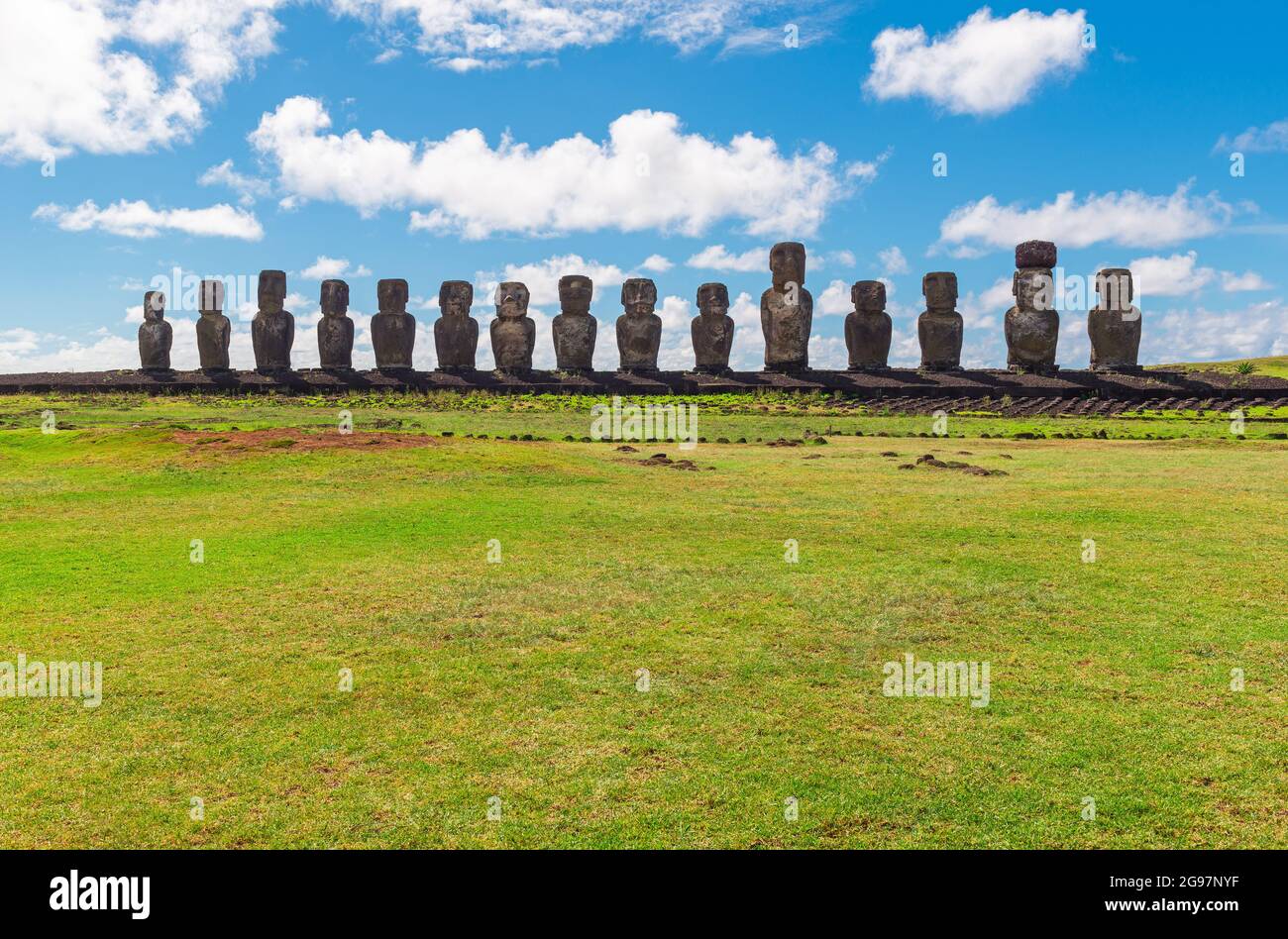 Moai statues of Ahu Tongariki, Easter Island (Rapa Nui), Chile. Stock Photo