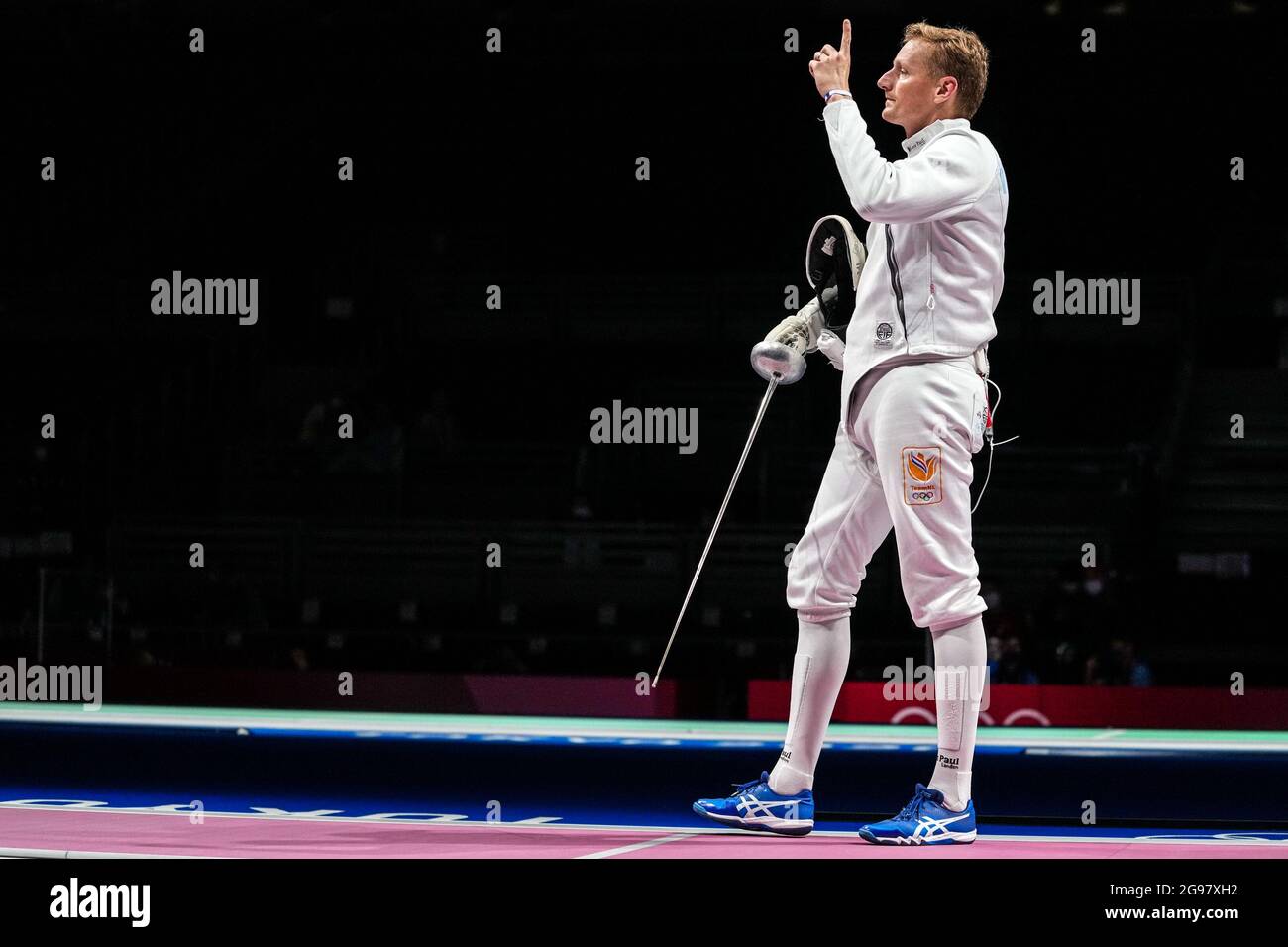 TOKYO, JAPAN - JULY 25: Bas Verwijlen of the Netherlands competing on Men's  Épée Individual Table of 32 during the Tokyo 2020 Olympic Games at the  Makuhari Messe on July 25, 2021