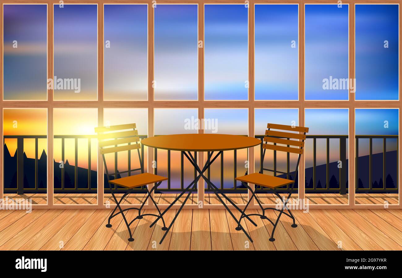 wood table and chair in wooden resort on the mountain in the morning Stock Vector