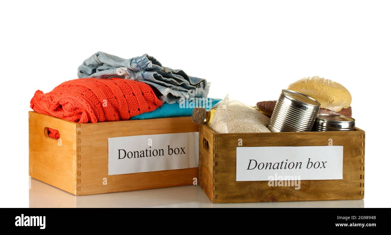 Donation boxes with clothing and food isolated on white Stock Photo Alamy