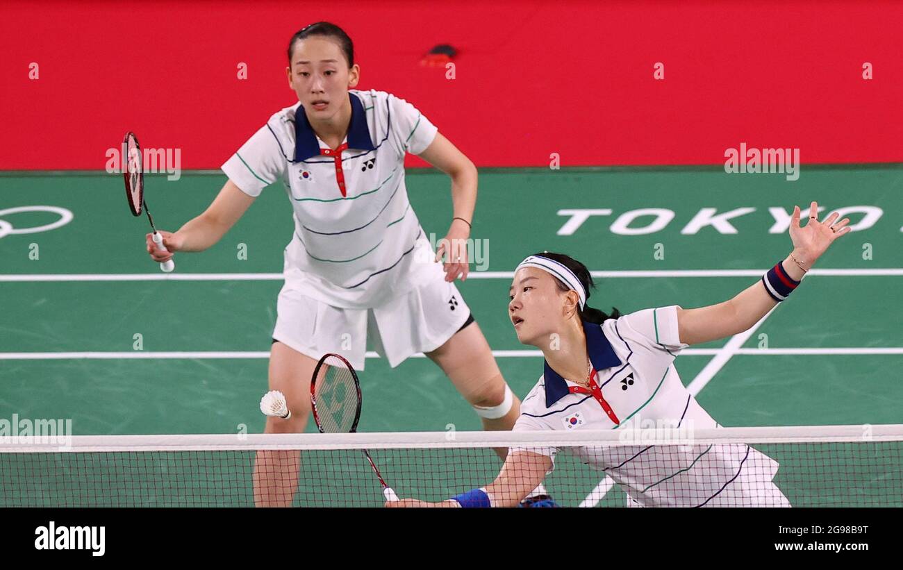 Tokyo 2020 Olympics - Badminton - Women's Doubles - Group Stage - MFS -  Musashino Forest Sport Plaza, Tokyo, Japan – July 25, 2021. Shin Seung-Chan  of South Korea in action during