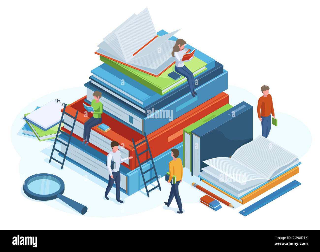 Isometric books concept. Reading people on huge 3d pile of books, male and female characters read books vector illustration. Library isometric concept Stock Vector