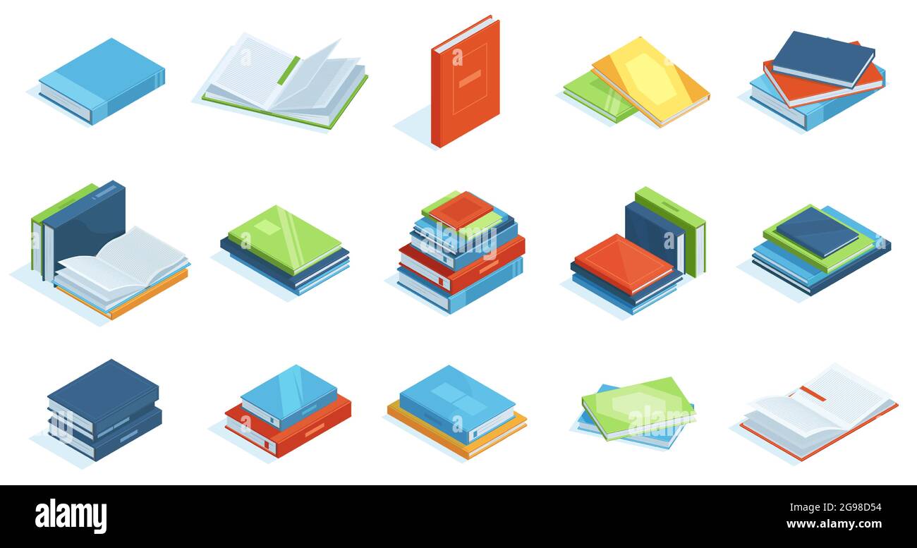 Isometric library books. School education textbooks, encyclopedia or scientific literature vector illustration set. Bookstore 3d isometric books Stock Vector