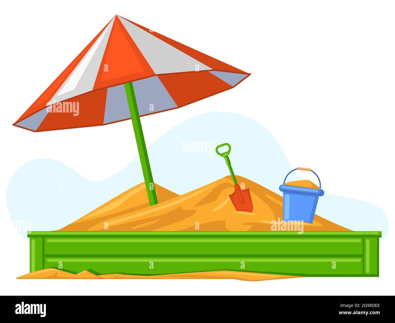 Cartoon children summer outdoor sandbox games equipment. Sand, bucket