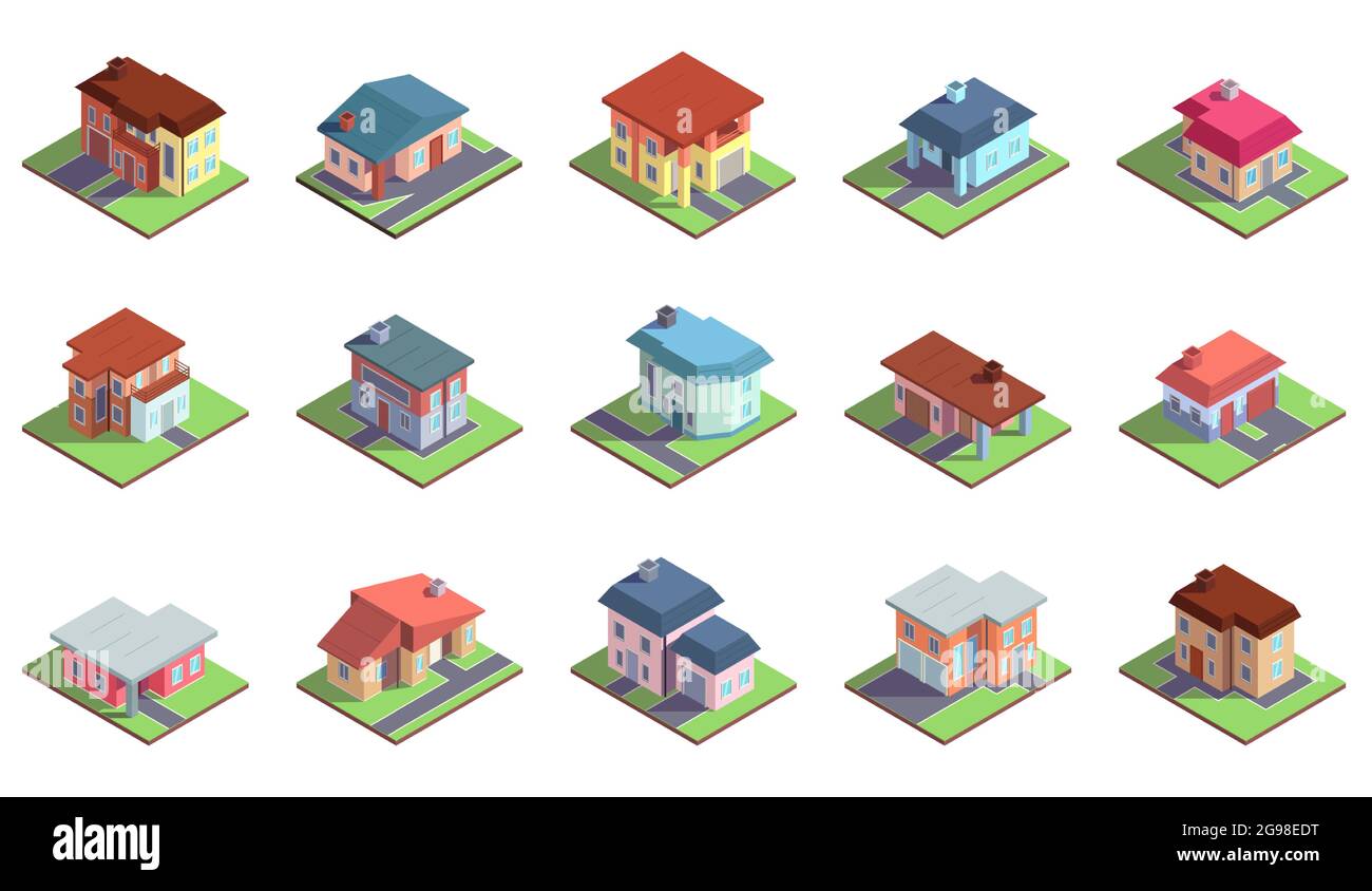 Modern isometric suburban country residential cottage buildings. Private property, townhouses buildings vector illustration set. Country comfortable Stock Vector