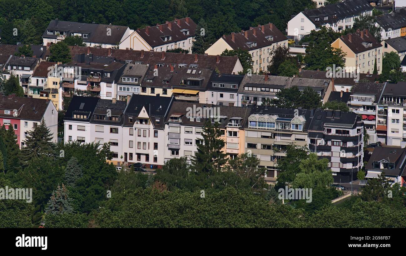 Aerial view of residential area in district Neuendorf in city Koblenz, Rhineland-Palatinate, Germany with multi-family apartment buildings. Stock Photo