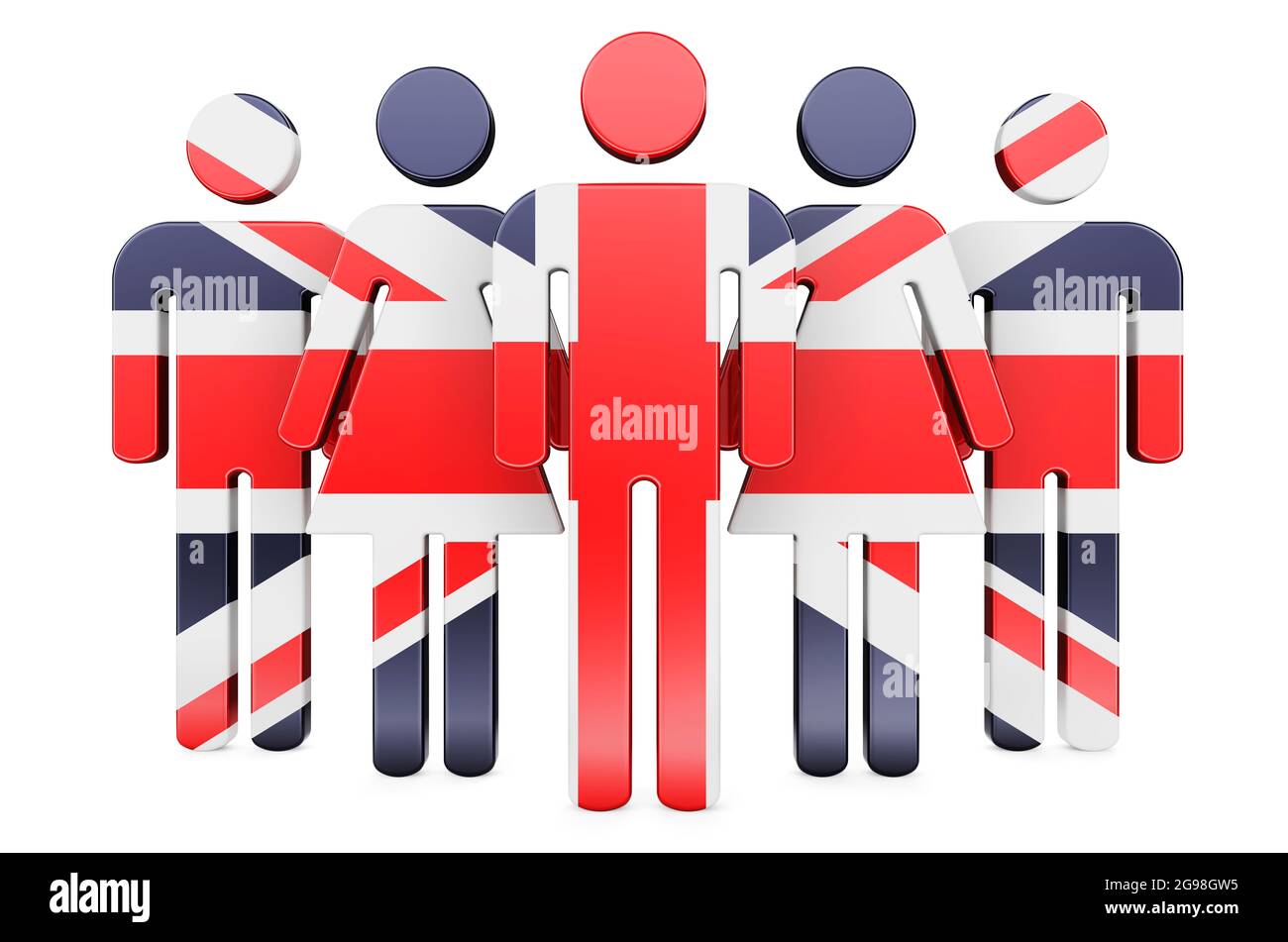 Stick figures with British flag. Social community and citizens of the Great Britain, 3D rendering isolated on white background Stock Photo