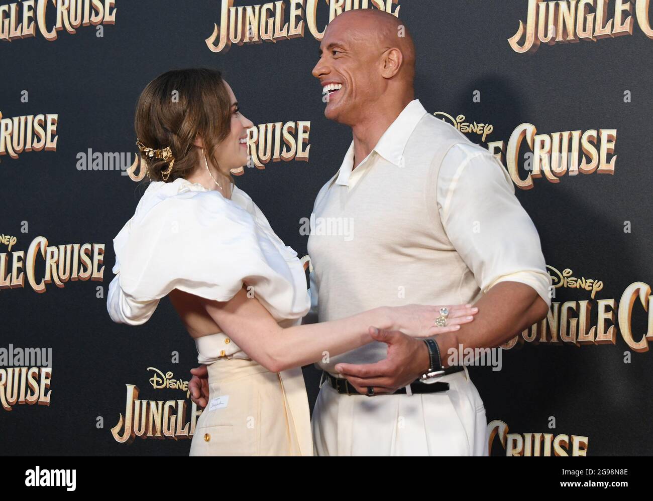 (LR) Emily Blunt and Dwayne Johnson arrives at Disney's JUNGLE CRUISE