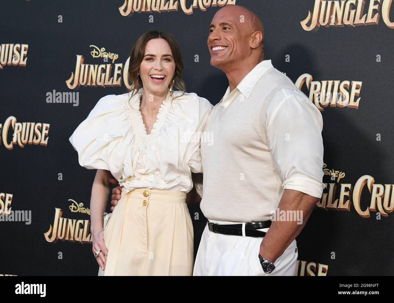 (LR) Emily Blunt and Dwayne Johnson arrives at Disney's JUNGLE CRUISE