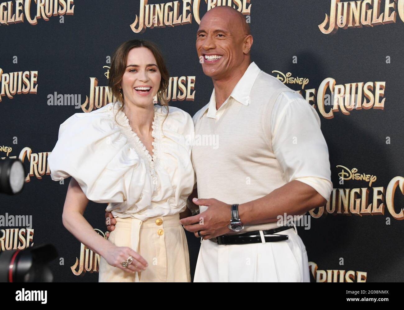 (LR) Emily Blunt and Dwayne Johnson arrives at Disney's JUNGLE CRUISE