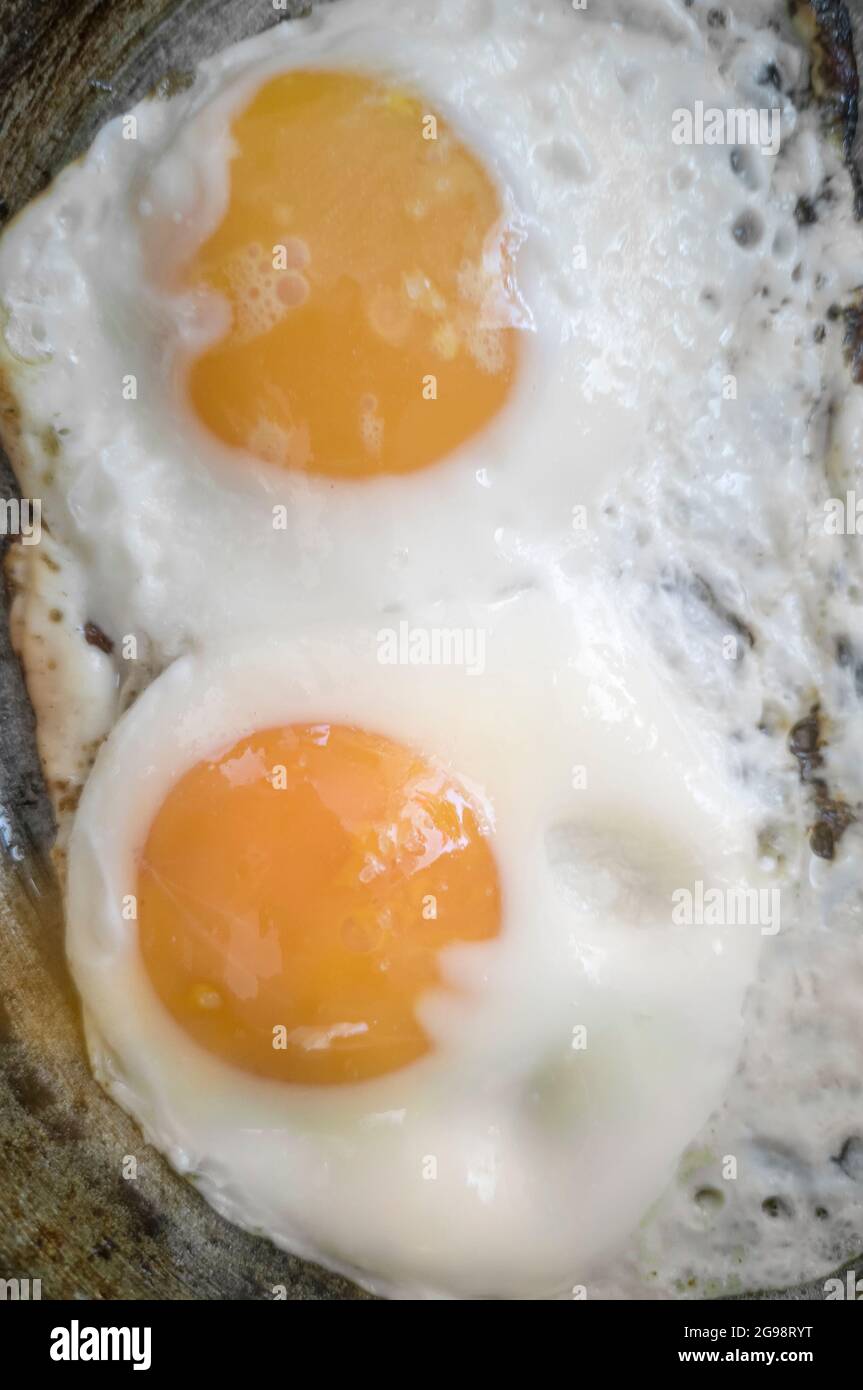 Scrambled eggs from two eggs in a frying pan Stock Photo