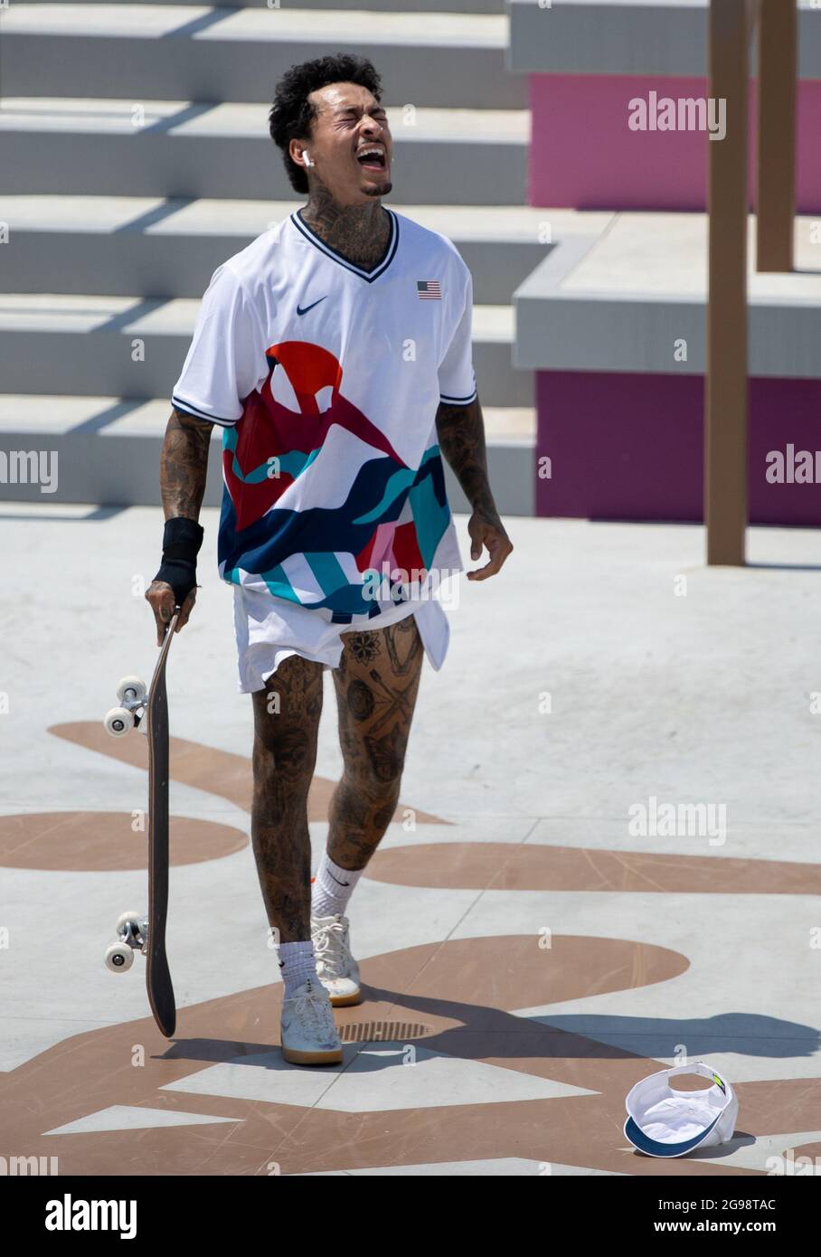 Tokyo, Japan. 25th July, 2021. Nyjah Huston of USA competes in the Men's  Street Skateboarding during the Tokyo 2020 Olympics at the Aomi Urban  Sports Park on Sunday, July 25, 2021 in