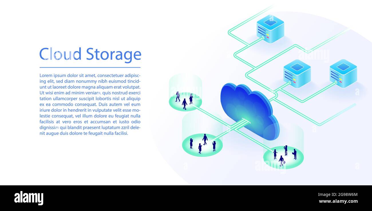 Cloud storage concept as website banner. 3d isometric vector illustration of a data center in