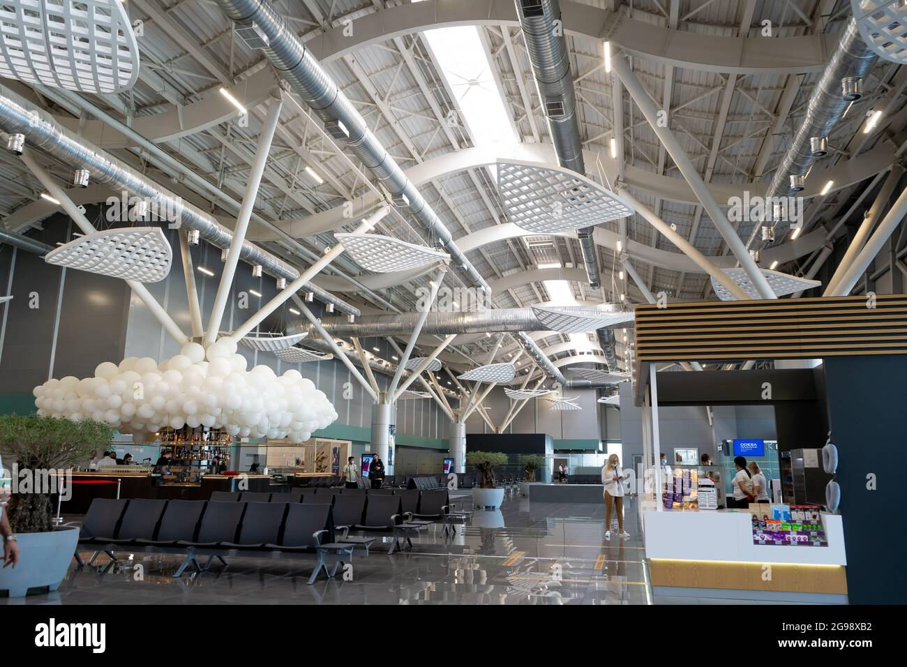 Ukraine, Odessa - July 16, 2021: Odessa airport. Inside the terminal before the flight. Ukrainian travel. Odesa city. ODS Airport. Stock Photo