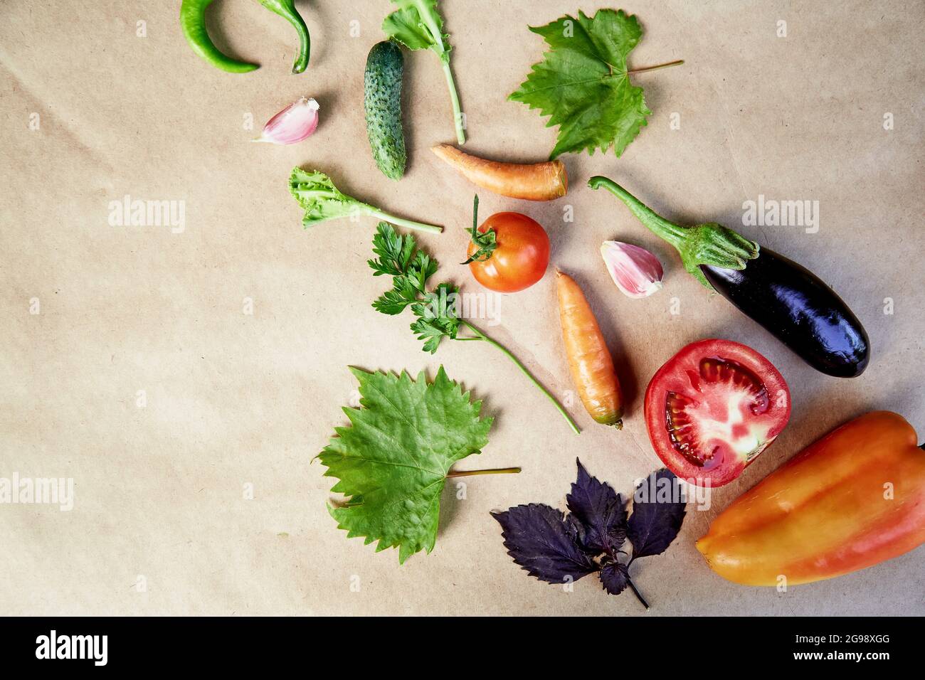 Vegetable composition: beet, basil, eggplant, parsley, bell pepper, hot pepper, potatoes, cucumber, carrots. Italian vegetable recipe. Veganism concept food.Top view, copy space. High quality photo Stock Photo