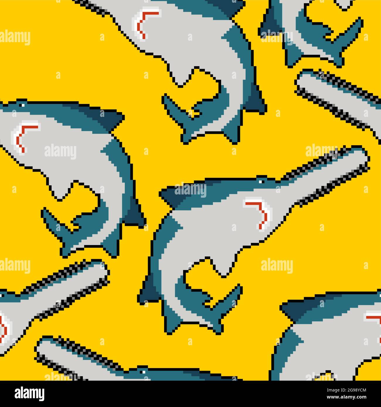 Sawfish pixel art pattern seamless. 8 bit marine predator saw fish background. vector texture Stock Vector