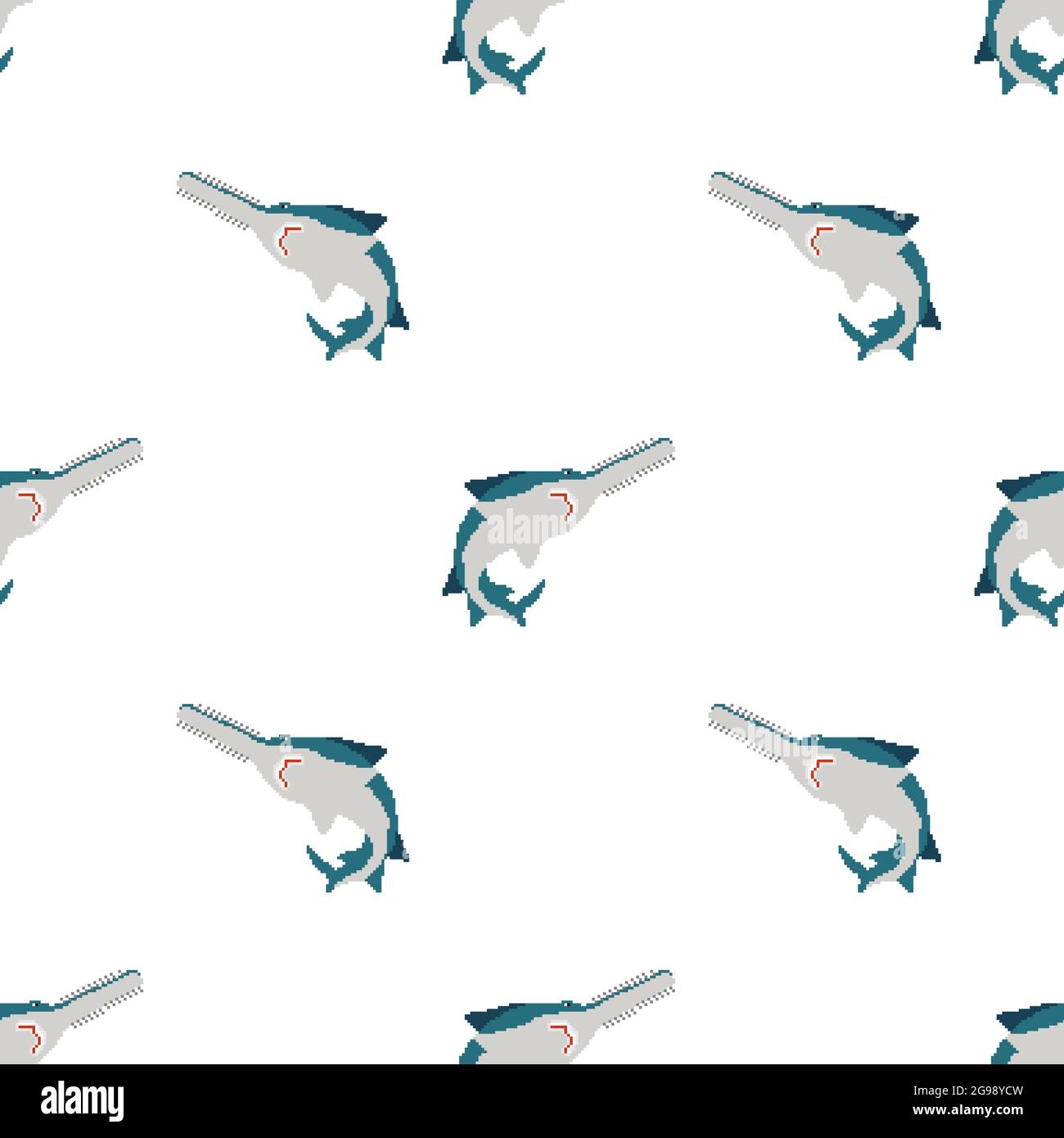 Sawfish pixel art pattern seamless. 8 bit marine predator saw fish background. vector texture Stock Vector