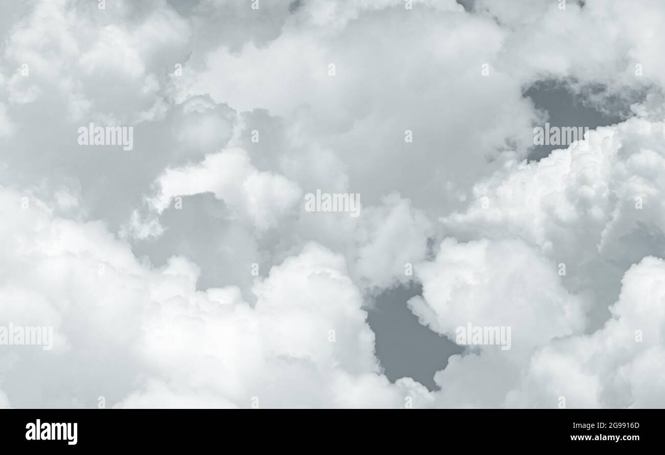 Grey and white fluffy clouds texture. Closeup detail of white clouds texture background. Soft-touch feeling like cotton. White puffy clouds. Gloomy an Stock Photo