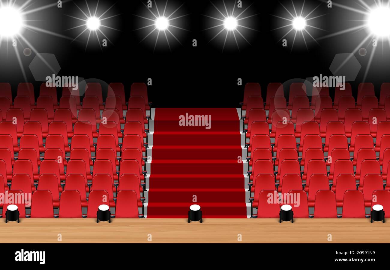 white stage with spotlight and red seats in the hall Stock Vector
