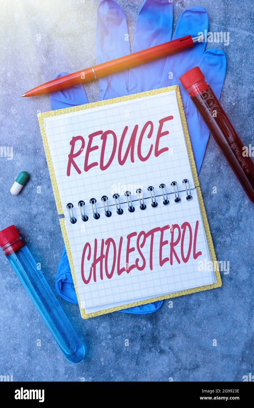 Handwriting text Reduce Cholesterol. Word for lessen the intake of saturated fats in the diet Writing Prescription Medicine Laboratory Testing And Stock Photo