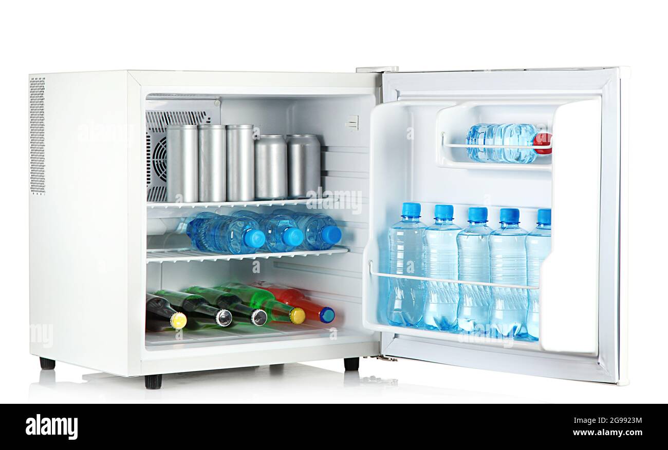 mini fridge full of bottles and jars with various drinks isolated on white Stock Photo Alamy