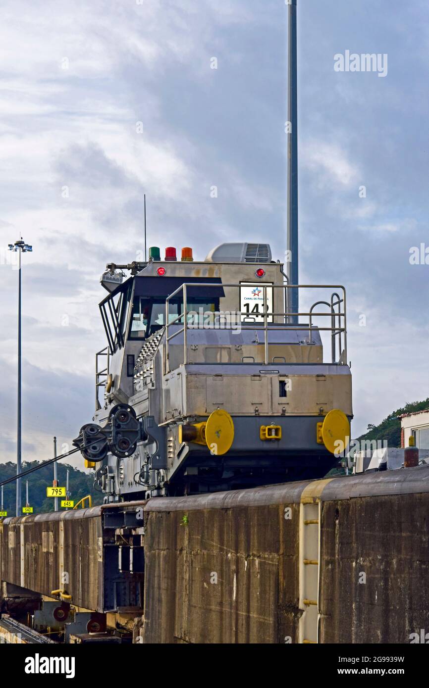 Panama Canal mule, in closeup view, seen from below the edge of the
