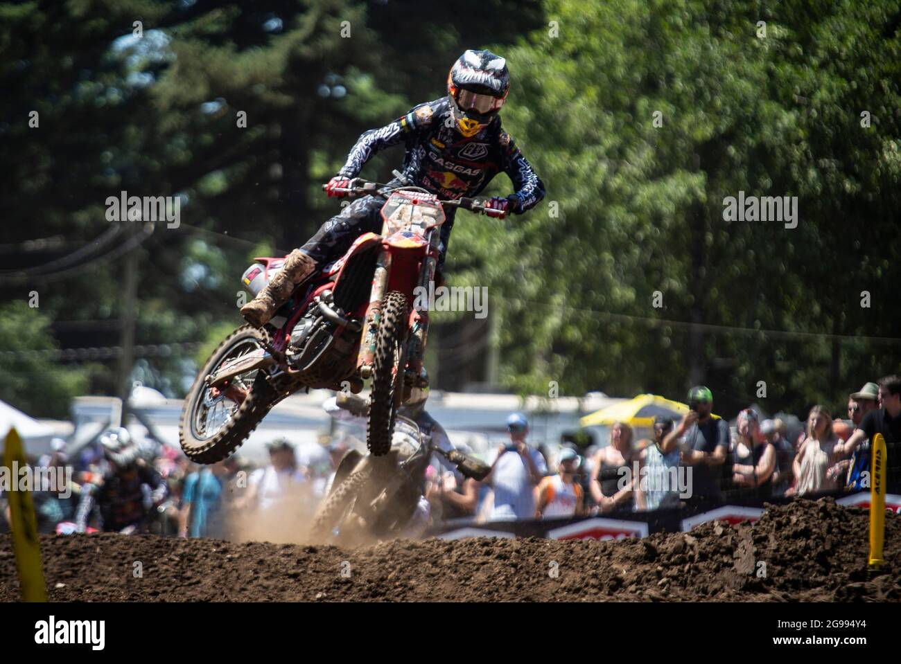 JUL 24 2021 Washougal, WA USA Troy Lee Designs/ Red Bull/ GASGAS Factory Racing Pierce Brown(45) gets air between sections 34-35 during the Lucas Oil Pro Motocross Washougal Championship 250 class moto # 1 at Washougal MX park Washougal, WA Thurman James/CSM Stock Photo
