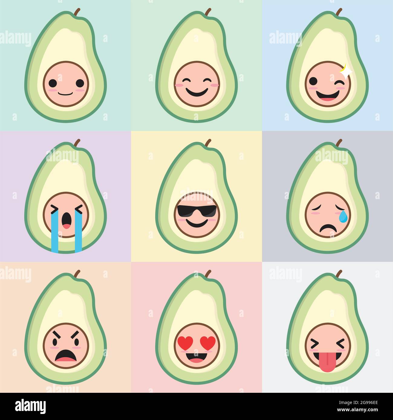 Cute Avocado Icon Set - Kawai Vector Stock Vector