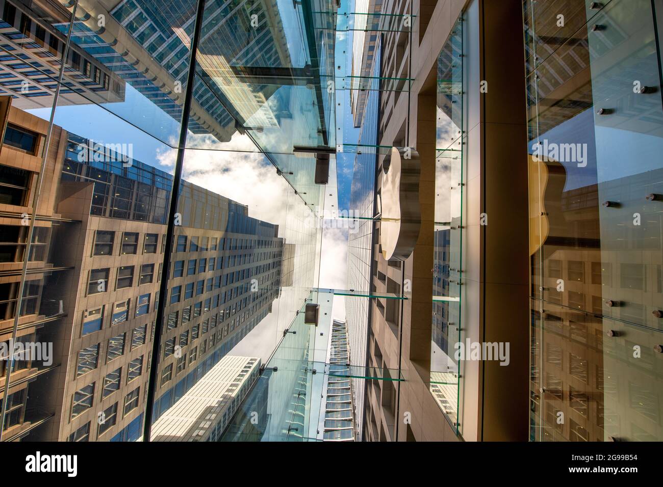 SYDNEY - AUGUST 19, 2018: Skyward view of Sydney Apple Store and skyscrapers in downtown Stock Photo