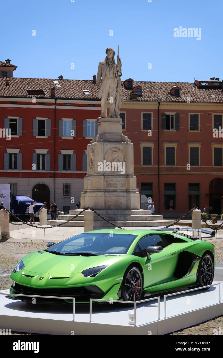 Modena, Italy, july 1 2021 - Lamborghini Aventador SVJ sport car, Roma square in Modena city, Motor Valley Exhibition Stock Photo