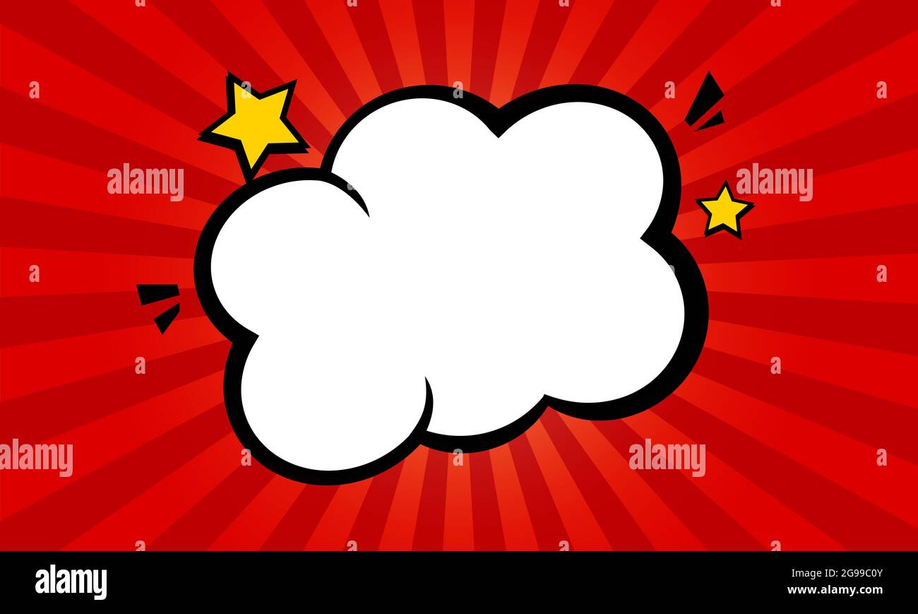 Cloud-shaped comic empty speech bubble and stars in the red background ...
