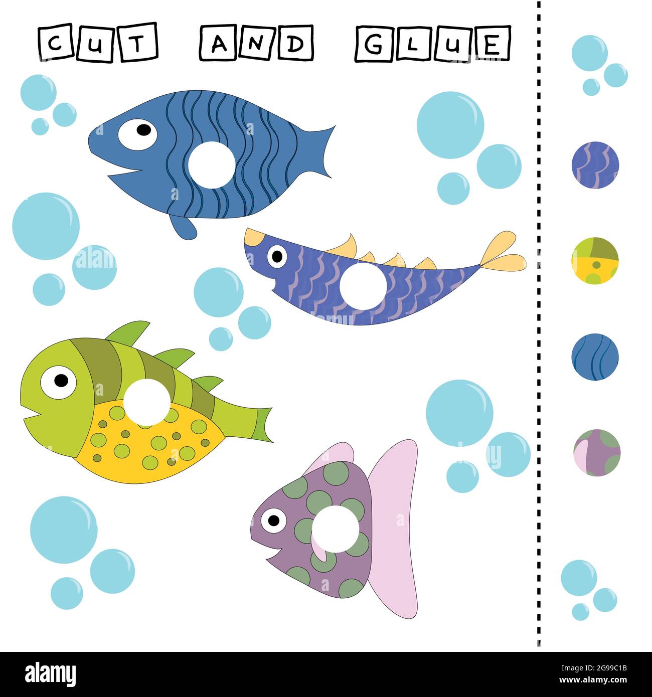 Fishes Worksheet Vector Design The Task Is To Cut And Glue A Piece On Colorful Cute Fishes Logic Game For Children Stock Vector Image Art Alamy