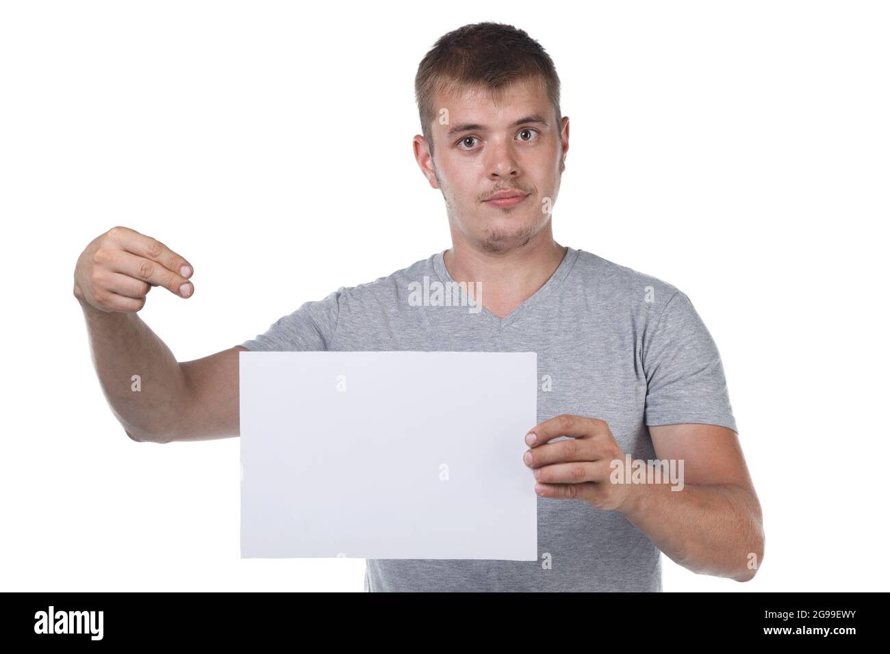 Image of bristle man holding white paper sheet Stock Photo