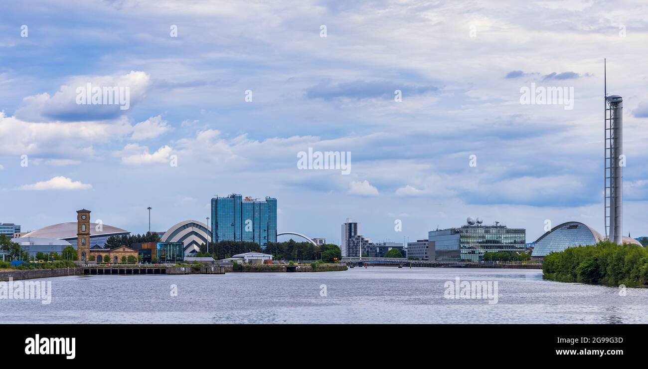 A skyline panorama looking down the River Clyde in Glasgow Stock Photo