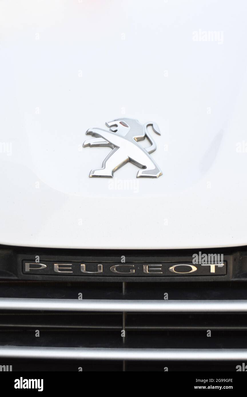 Peugeot chrome metal logo, luxury car in Istanbul city, June 23.2017 Istanbul pendik second hand car market Stock Photo