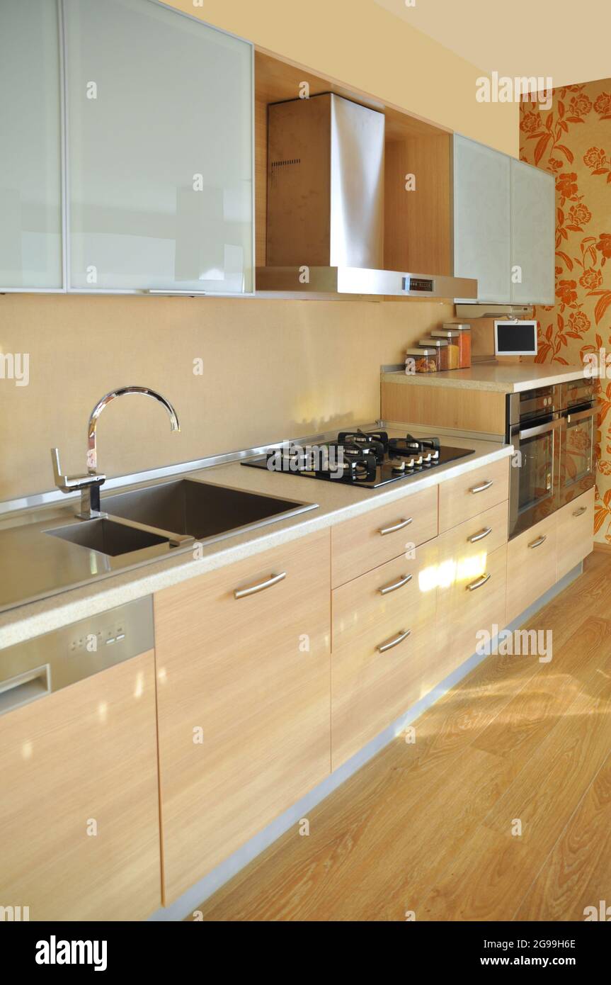Interior of luxurious modern kitchen equipment, white and oak